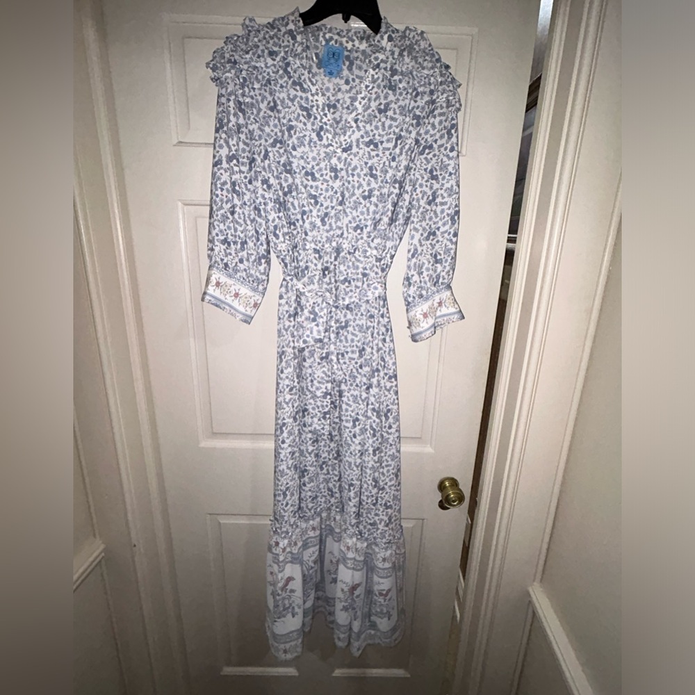 Cece Floral Print Ruffle Tie Waist Maxi Dress.